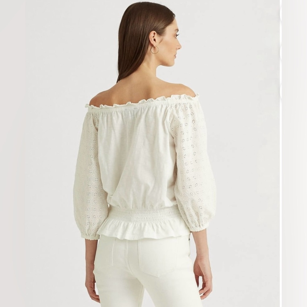 Ralph Lauren Women’s 💯 % cottonEyelet Off-The-Shoulder Pullover Top White, PM/M - Picture 2 of 9